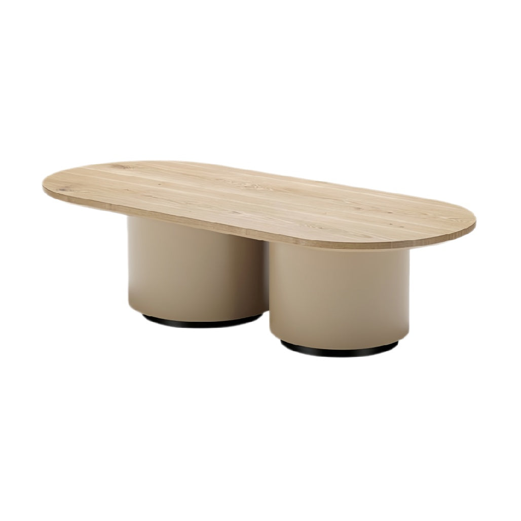 **Technische titel in het Nederlands: Elegante ovale salontafel met houten blad en ronde basis**