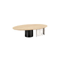 **Technische titel in het Nederlands: Modern ovale salontafel met houten blad en spekglas basis**