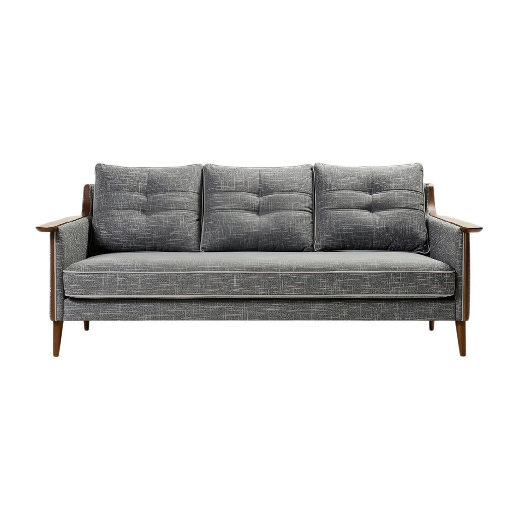 **Moderne grijze bank met houten armleunen en comfortabele kussens**