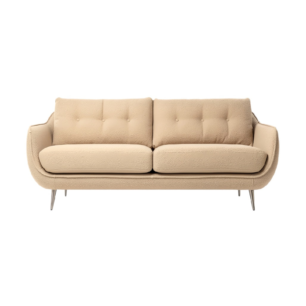 **Moderne beige bank met zachte textuur en ronde lijnen**